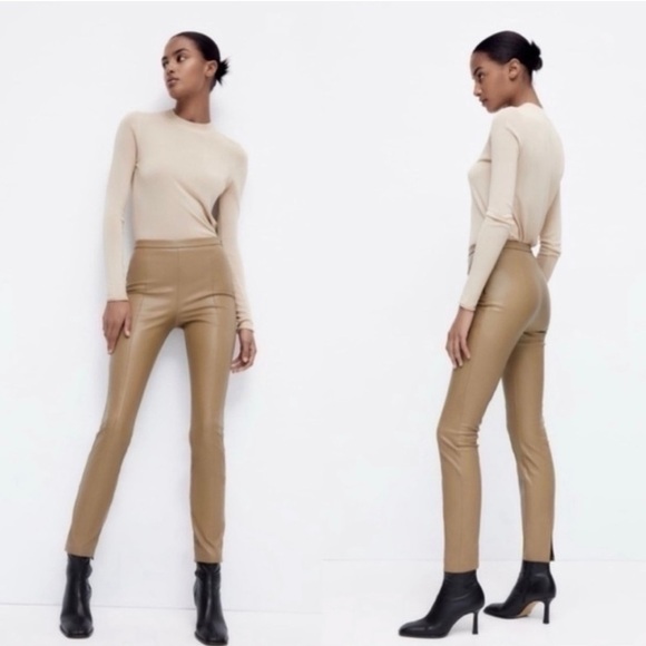 ZARA Tan Faux Leather Leggings Vegan Skinny Pants Hi-Rise Ankle Slit Women’s S - Picture 2 of 16